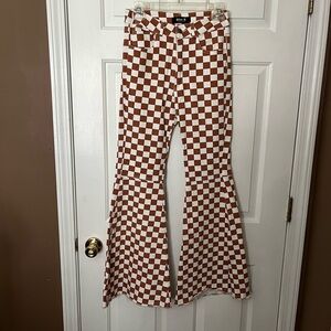 Flare Bell Bottom Retro Jeans Checkered Small Brown White Vintage Raw Hem